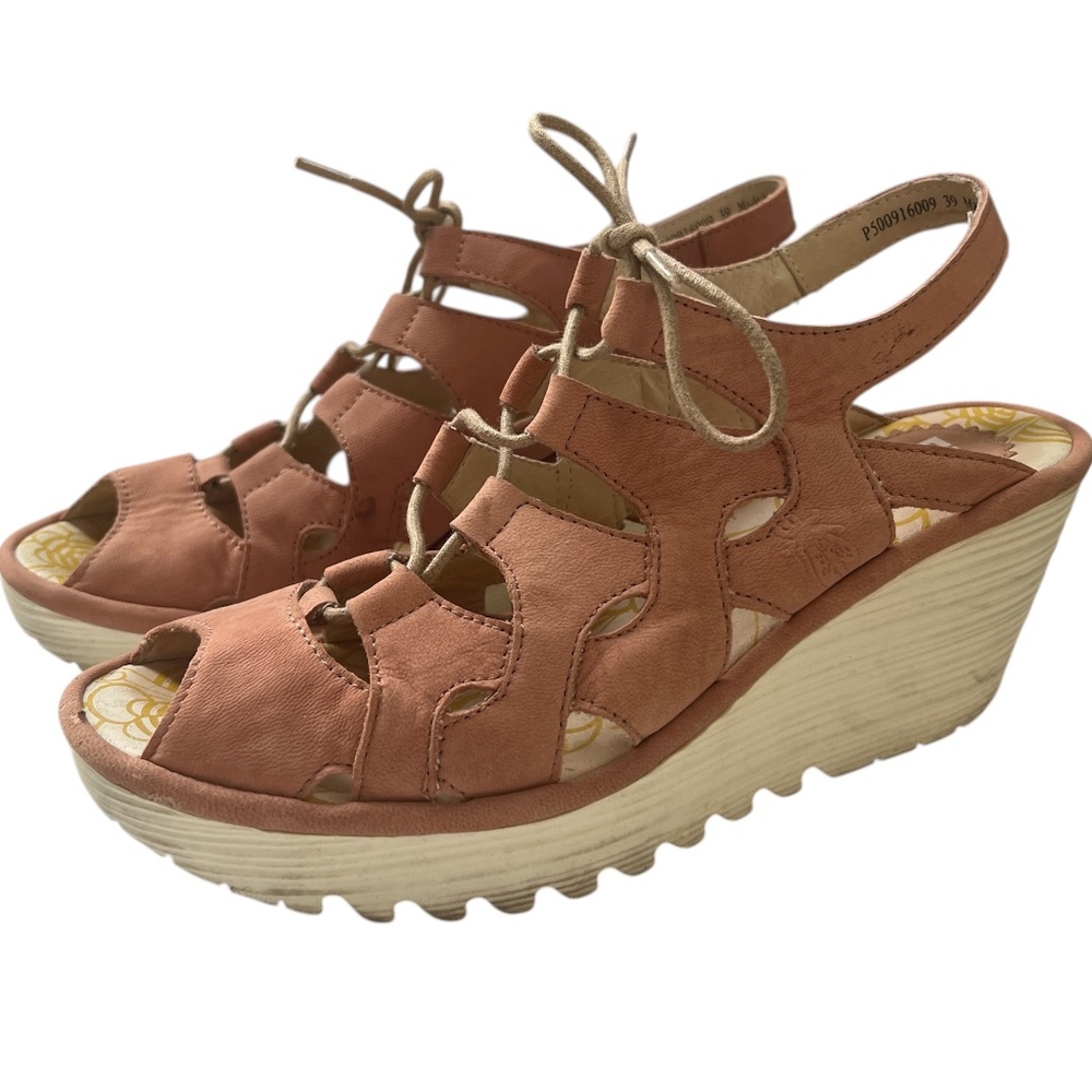 Fly London Shoes Sandals Sz 39 US 8 - 8.5 Ankle Strap Wedge Peep Toe Lace Pink